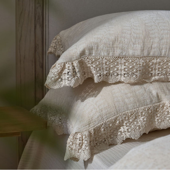 Washed Linen-Blend Gauze Duvet Cover Set with Crochet Lace Hem and Tied Bolster