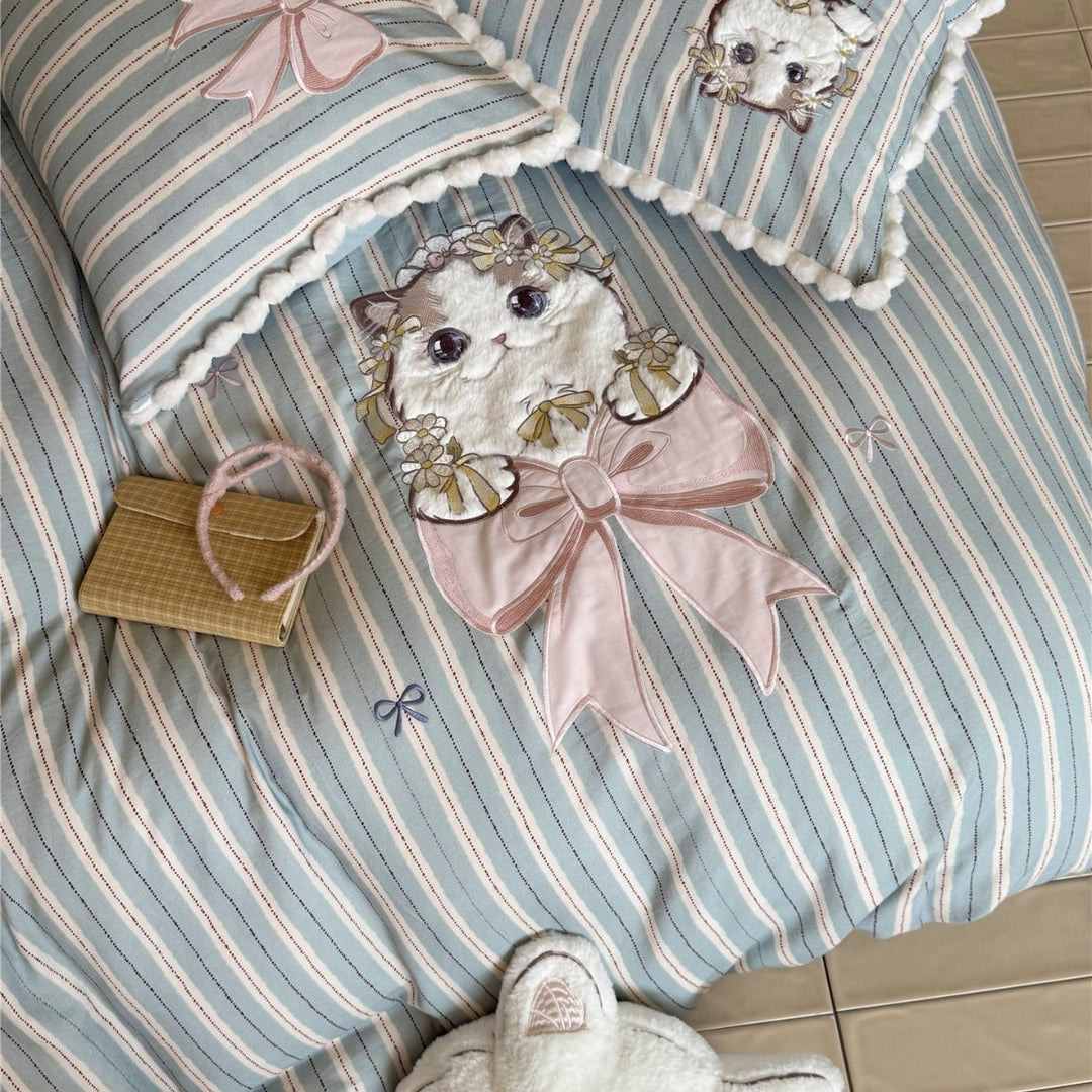 Striped Cotton Duvet Cover Set with 3D Plush Cat Appliqué & Bow Embroidery