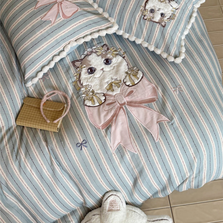 Striped Cotton Duvet Cover Set with 3D Plush Cat Appliqué & Bow Embroidery