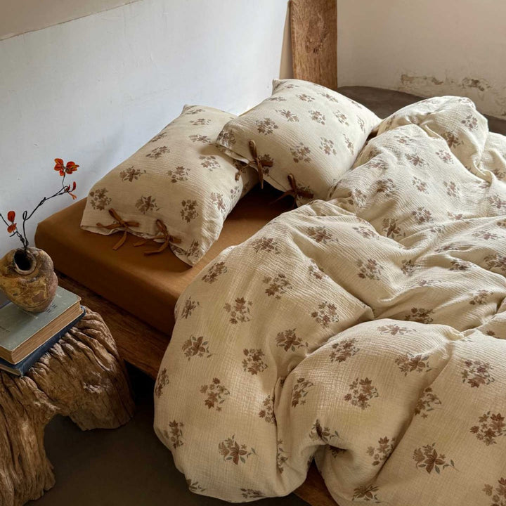 Natural cotton-linen duvet cover set with a crinkled linen look and floral tone-on-tone pattern