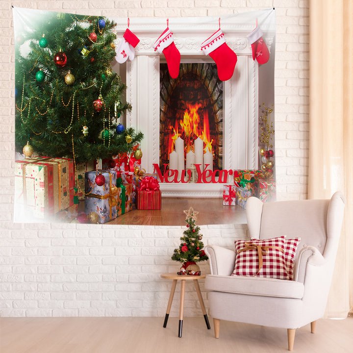 Lightweight Polyester Christmas Fireplace Scene Wall Tapestry Home Decor