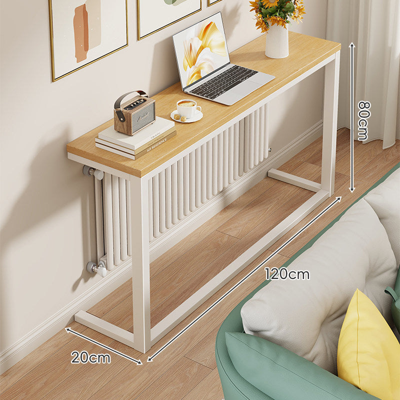 Slim Narrow Console Table with White Metal Frame and Wood-Grain Top