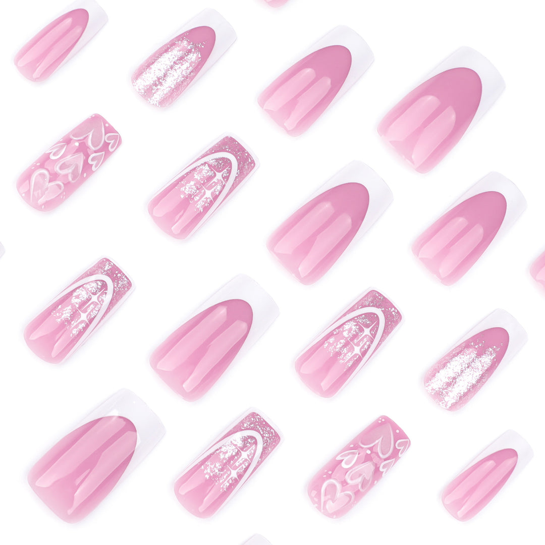 Artful Nail Extensions with Modern Glitter Design and Heart Accents Stornfield