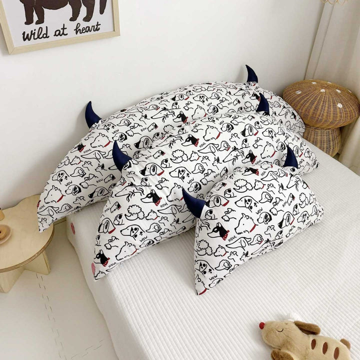 Playful Dog Print Horn-Appliqué Pillowcase Shams Set