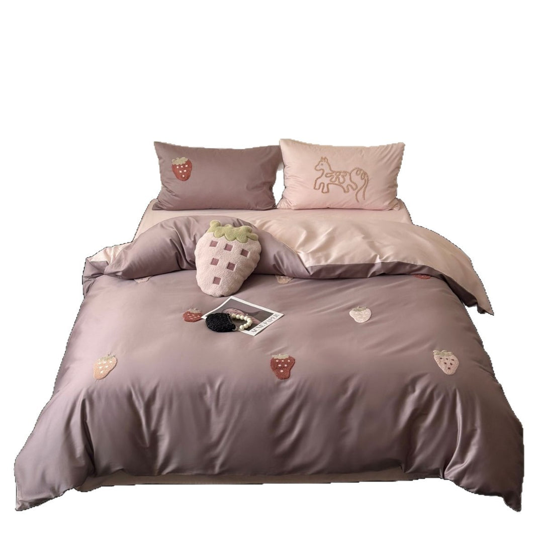 Bedding set with embroidered strawberry appliqués and silky matte satin look
