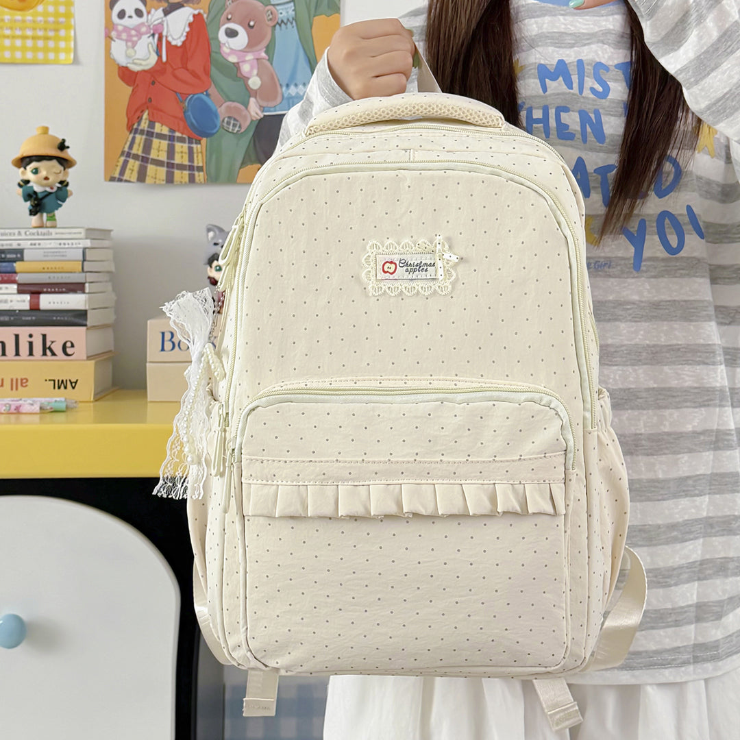 Polka Dot Patterned Backpack with Ruffle Accents Stornfield