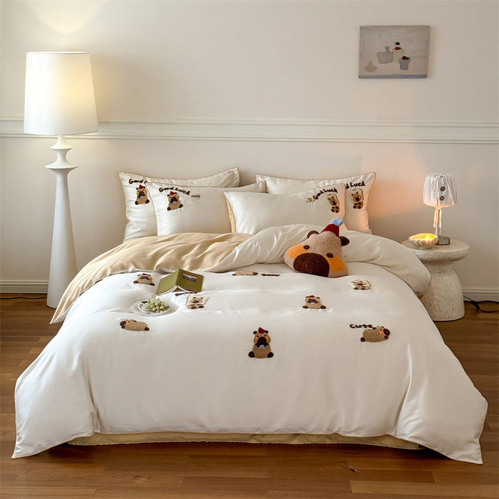 luxurious cotton satin bedding set with embroidered teddy bear appliqués