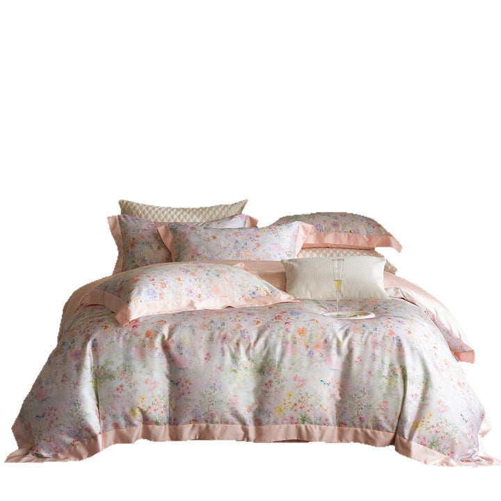 Satin bed set with floral watercolor border and satin edge