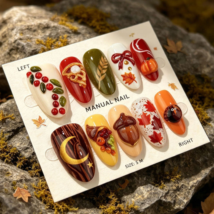 Manual Thanksgiving-Themed Press-On Nail Art Set