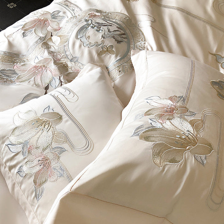 Embroidered Floral & Songbird Luxury Cotton Duvet Cover Set with Decorative Round Cushion