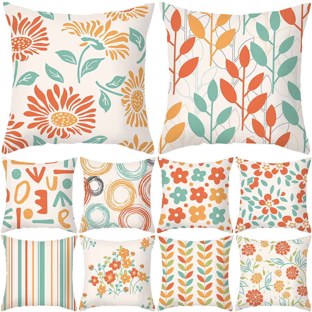 Floral Printed Cotton-Linen Throw Pillow with Removable Cover