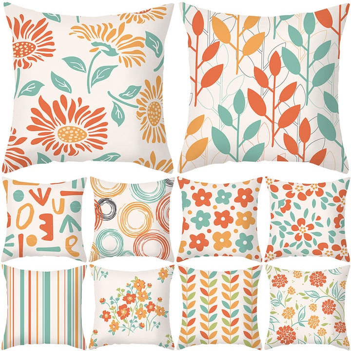 Floral Printed Cotton-Linen Throw Pillow with Removable Cover