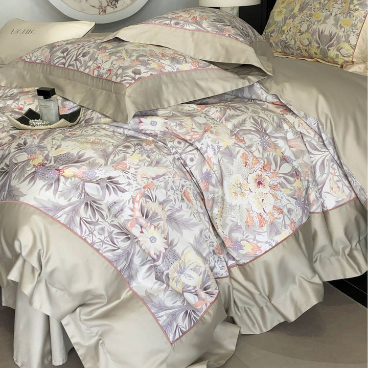 Luxurious cotton satin bedding set with floral print, ruffled bed skirt, and pillowcases