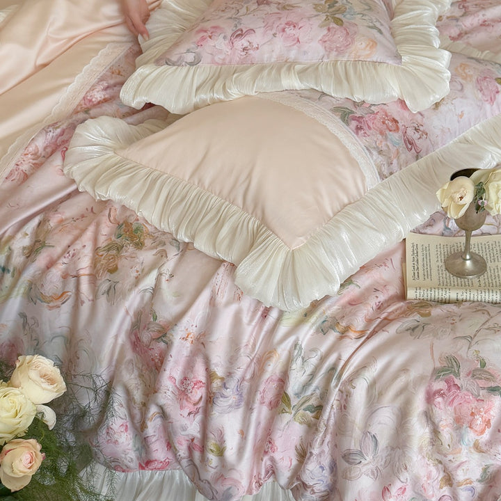 Romantic Vintage-Style Pleated Ruffle Duvet Cover Set with Floral Panel and Lace Inset