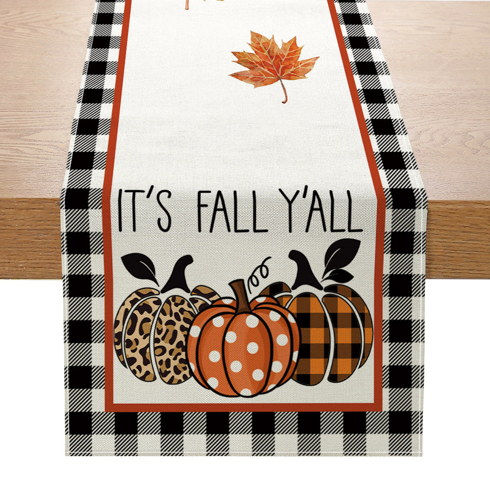 Autumn Cotton-Linen Decorative Table Runner with Pumpkin & Gingham Border