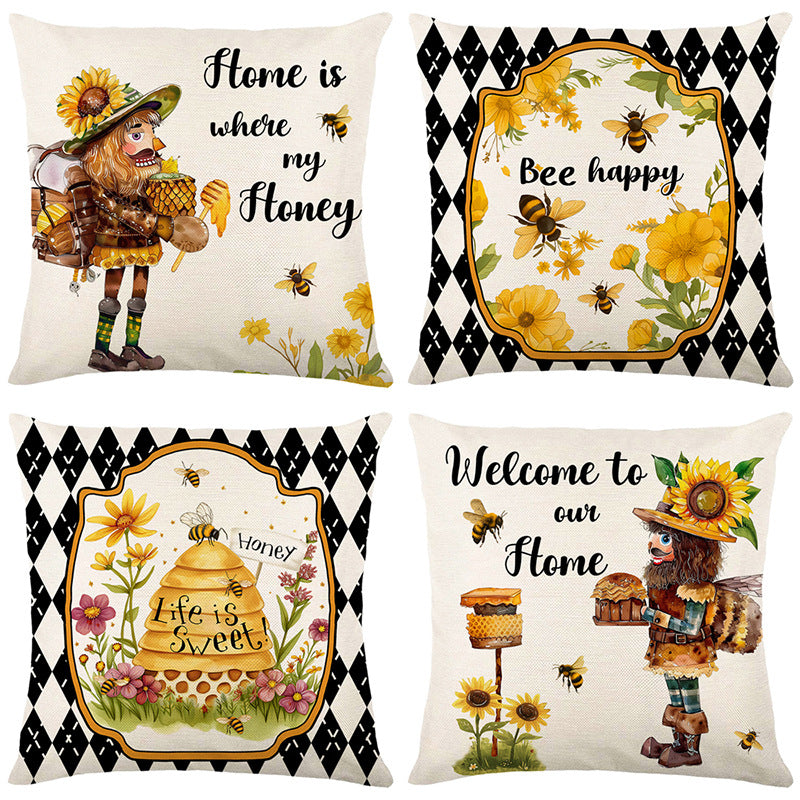 Square Decorative Cotton-Linen Throw Pillow Cover with Beehive Honeylife Illustration