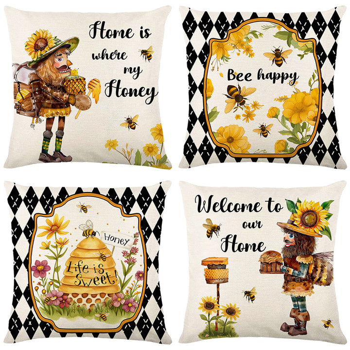 Square Decorative Cotton-Linen Throw Pillow Cover with Beehive Honeylife Illustration