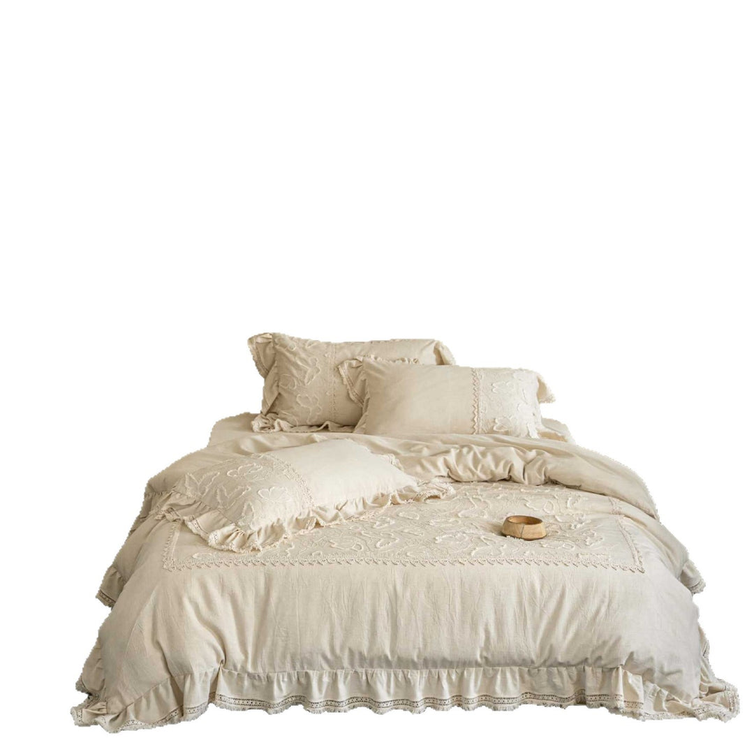 Linen bed linen set in Boho style with ruffles, relief embroidery and stonewashed finish