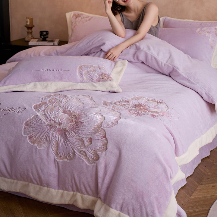 Plush Embroidered Peony Velvet Duvet Cover Ensemble