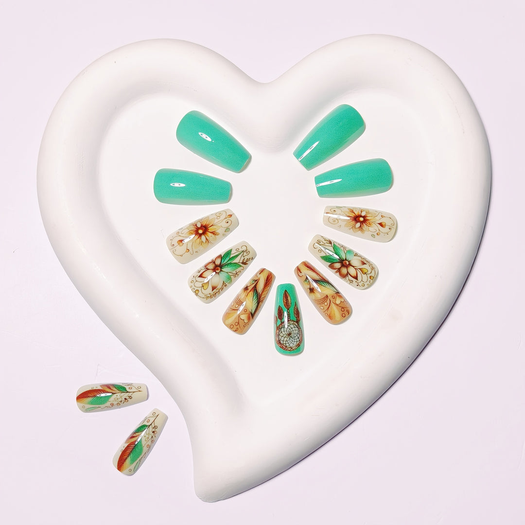 Creative artificial nails with floral and dreamcatcher design elements Stornfield