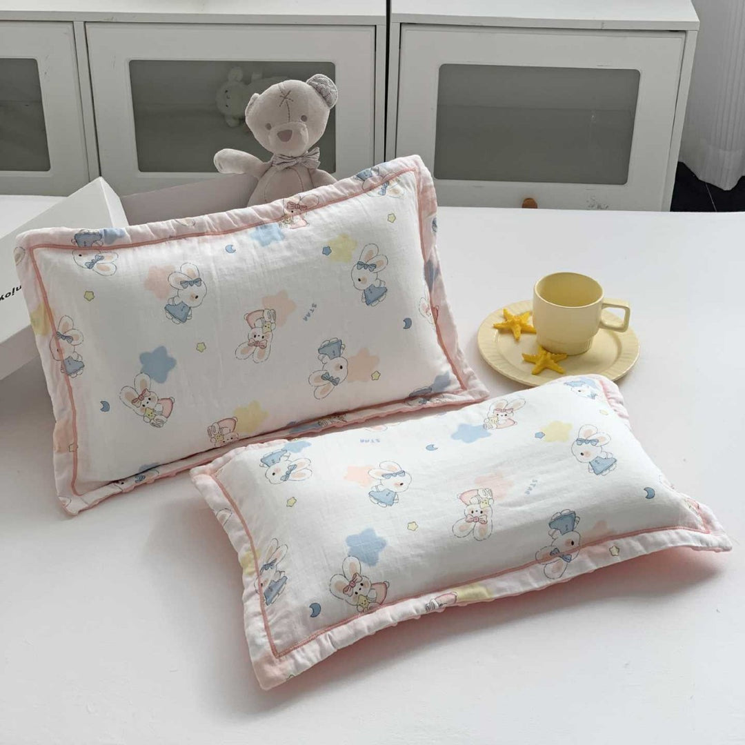 Baby Muslin Pillow Set with Bear Print & Soft Gauze Ruffled Edge