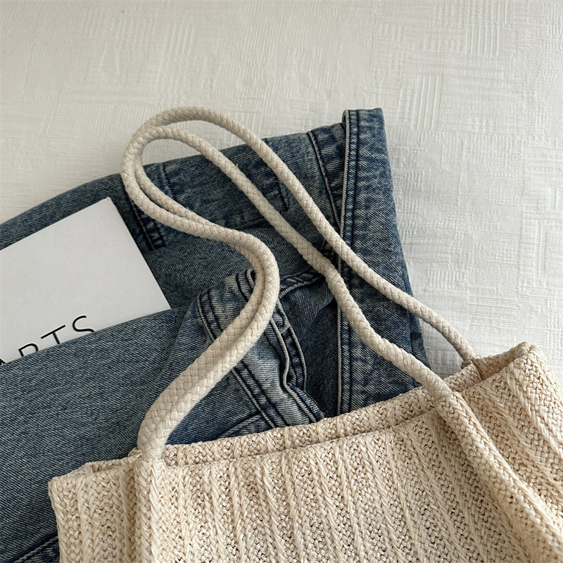 Textured Knit Tote Bag with Leather Accent
