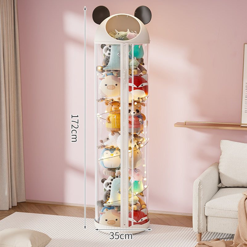 Vertical Clear Cylinder Plush Toy Storage Tower with Divided Shelves and Caster Base
