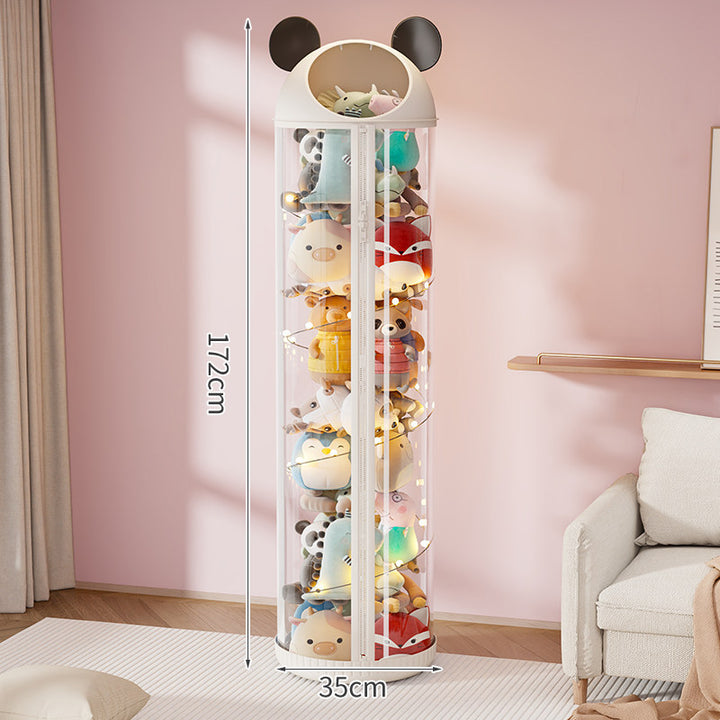 Vertical Clear Cylinder Plush Toy Storage Tower with Divided Shelves and Caster Base