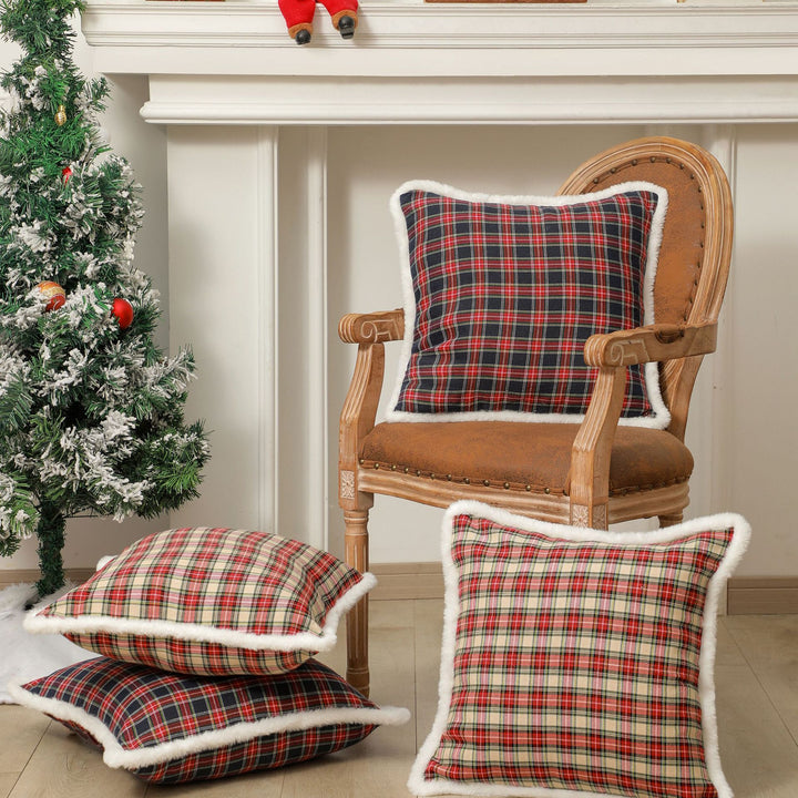 Plaid Holiday Decorative Throw Pillow with Embroidered Snowflake Motif and Hidden Zipper