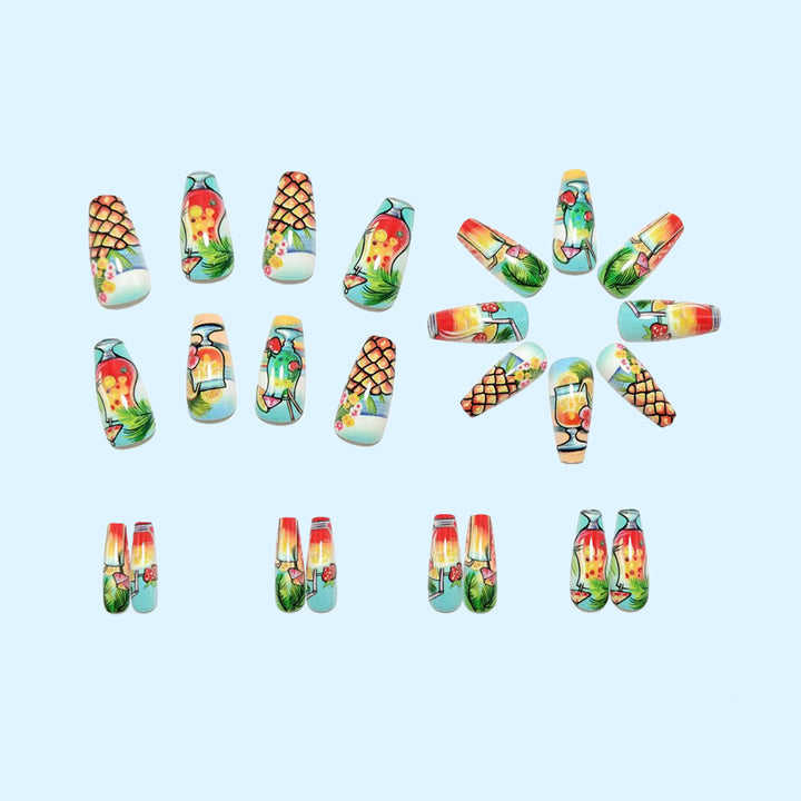 Artificial nail set with tropical drink motif and colorful accents Stornfield