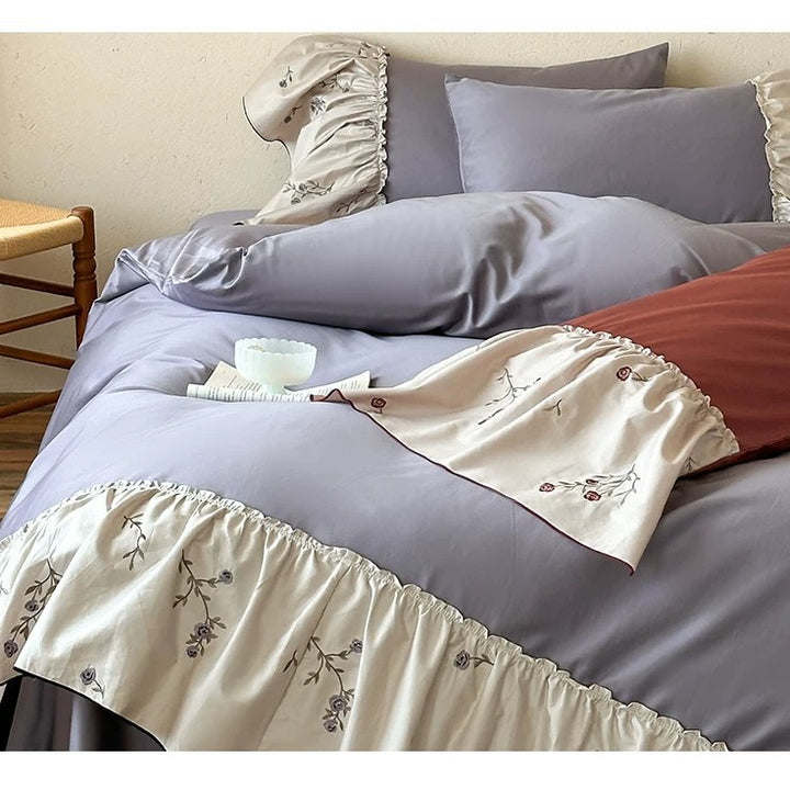 Luxury Ruffled Floral-Embroidered Sateen Duvet Cover Set