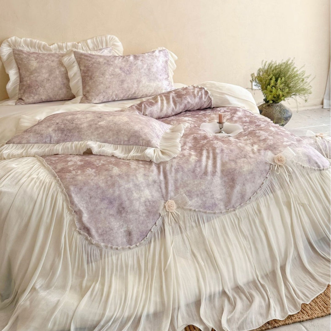 Romantic bedding set with ruffles, frills, and velvet look