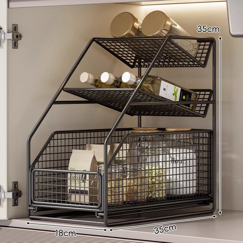 Under-Cabinet Sliding Three-Tier Mesh Basket Organizer with Removable Bins