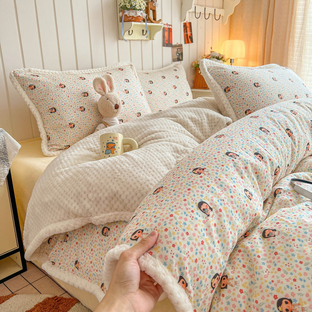 Plush Reversible Sherpa Duvet Cover Set with Quilted Waffle Comforter and Scalloped Pillow Shams