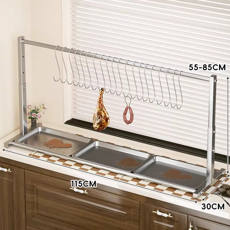 Adjustable Stainless Steel Indoor Meat and Sausage Drying Rack with Removable Drip Tray and Hanging Hooks