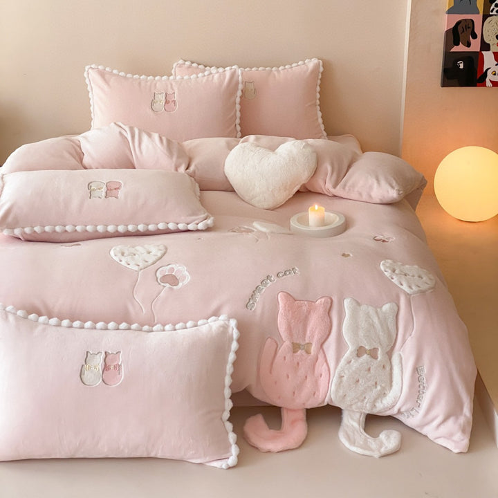 Plush Embroidered Cat Appliqué Duvet Cover Set with Pom-Pom Trim and Heart Throw Pillow