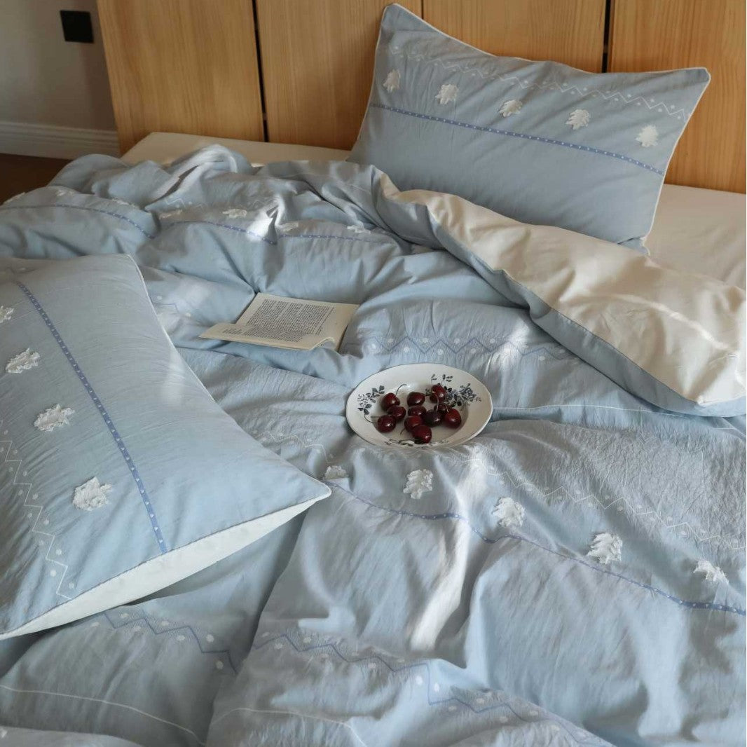 Botanical Embroidered Cotton Sateen Duvet Cover Set with Reversible Lined Pillowcases