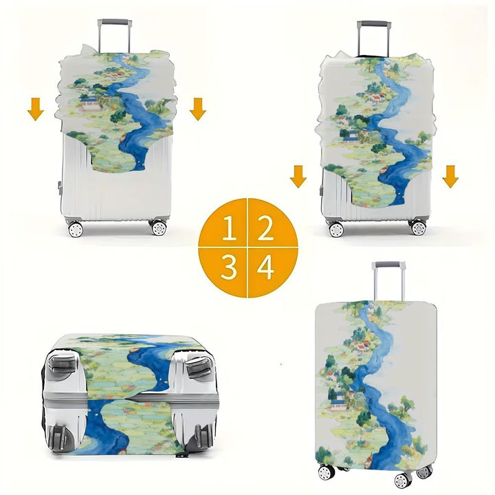 Unisex nan elastic suitcase cover with detailed river and village illustration print, tear-resistant stretch protection for hard shell and fabric trolley Stornfield