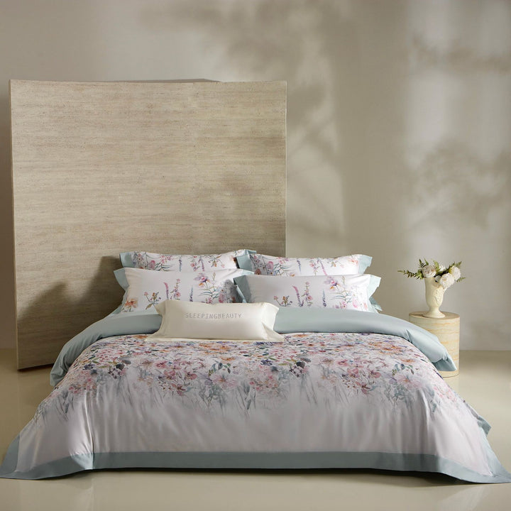 Luxury Floral Cotton Sateen Duvet Cover Set with Contrast Hem and Pillow Shams