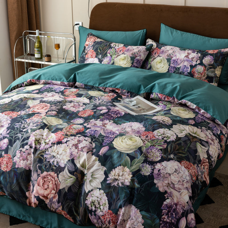 Luxurious cotton satin bedding set with large floral botanical print