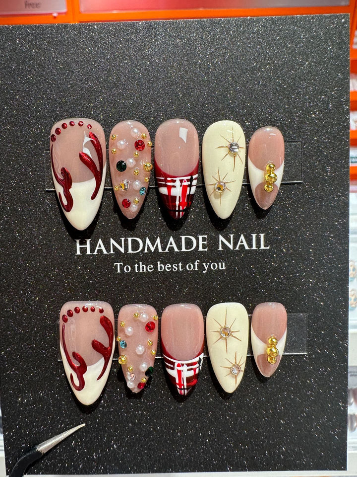 Decorative Press-On Nail Art Set with Gem and Artistic Accents