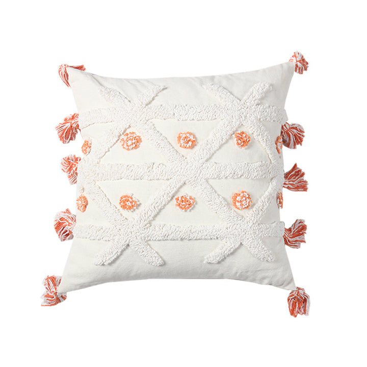 Decorative Textured Cotton Throw Pillow with Tassels and Tufted Geometric Pattern
