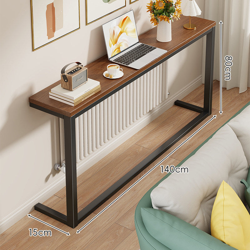 Slim Narrow Console Table with White Metal Frame and Wood-Grain Top
