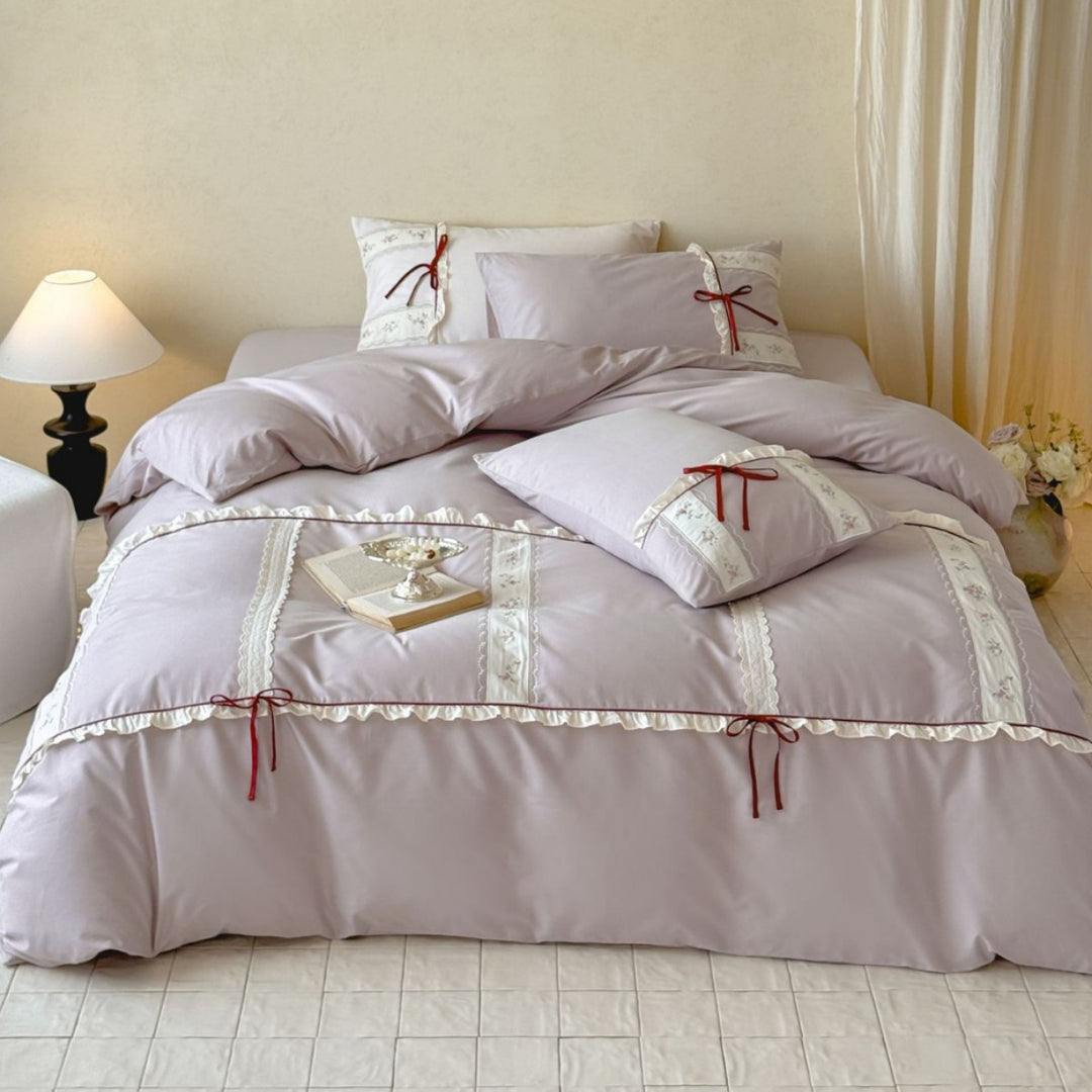 Embroidered Scalloped Lace Duvet Cover Bedding Set with Ruffle-Trim Decorative Pillow