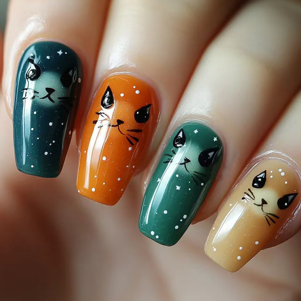 Artistic Cat-Themed Press-On Nail Art Stornfield