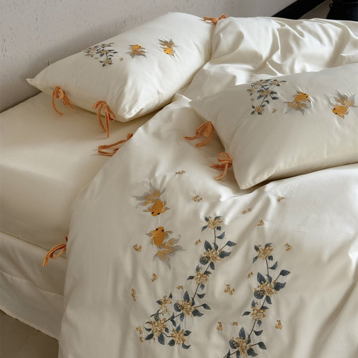 Embroidered Cotton Sateen Duvet Cover Set with Goldfish & Floral Motifs and Velvet Tie Closures