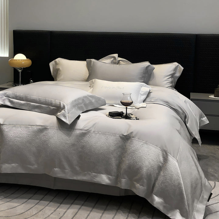 Luxury Textured-Border Egyptian Cotton Duvet Cover Set with Decorative Shams