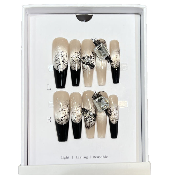 Artistic Press-On Nail Set with Unique Lace and Gemstone Accents Stornfield