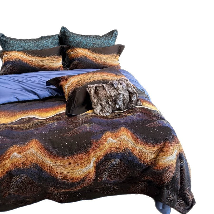 Premium Abstract Wave-Print Cotton Sateen Duvet Cover Bedding Set with Reversible Solid Back