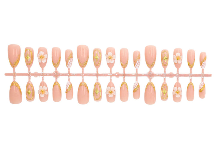 Artificial nail set with elegant flower and gold decorations Stornfield